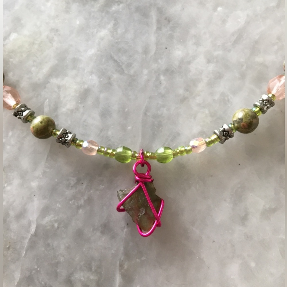 Natural Moldavite Necklace with Unakite Stones, Czech Crystals & Wire Wrapped π - Picture 7 of 15
